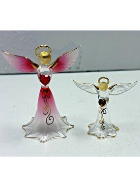 Lot 2 Glass Baron Red Clear Angel Angelique Red Heart Crystal Gold Swirl 2.25"